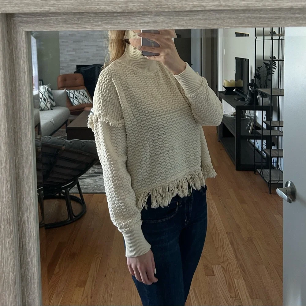 Zara Cream Fringe Textured Turtleneck Sweater - Picture 1 of 5